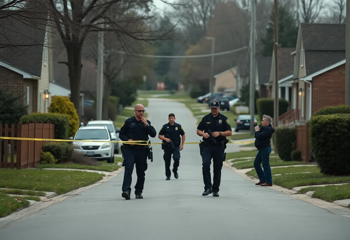 Law enforcement conducting a search for a domestic violence suspect in a suburban neighborhood.