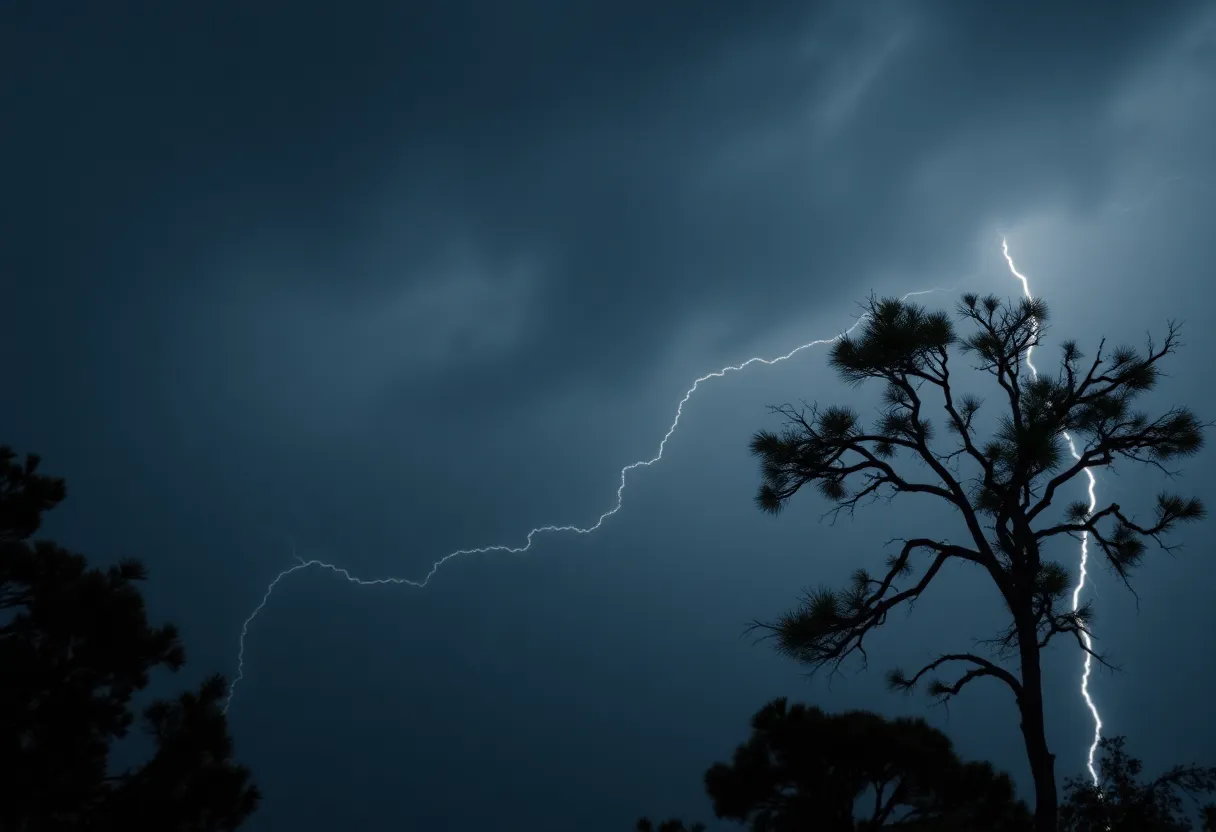 Severe thunderstorm with dark clouds and lightning in South Carolina
