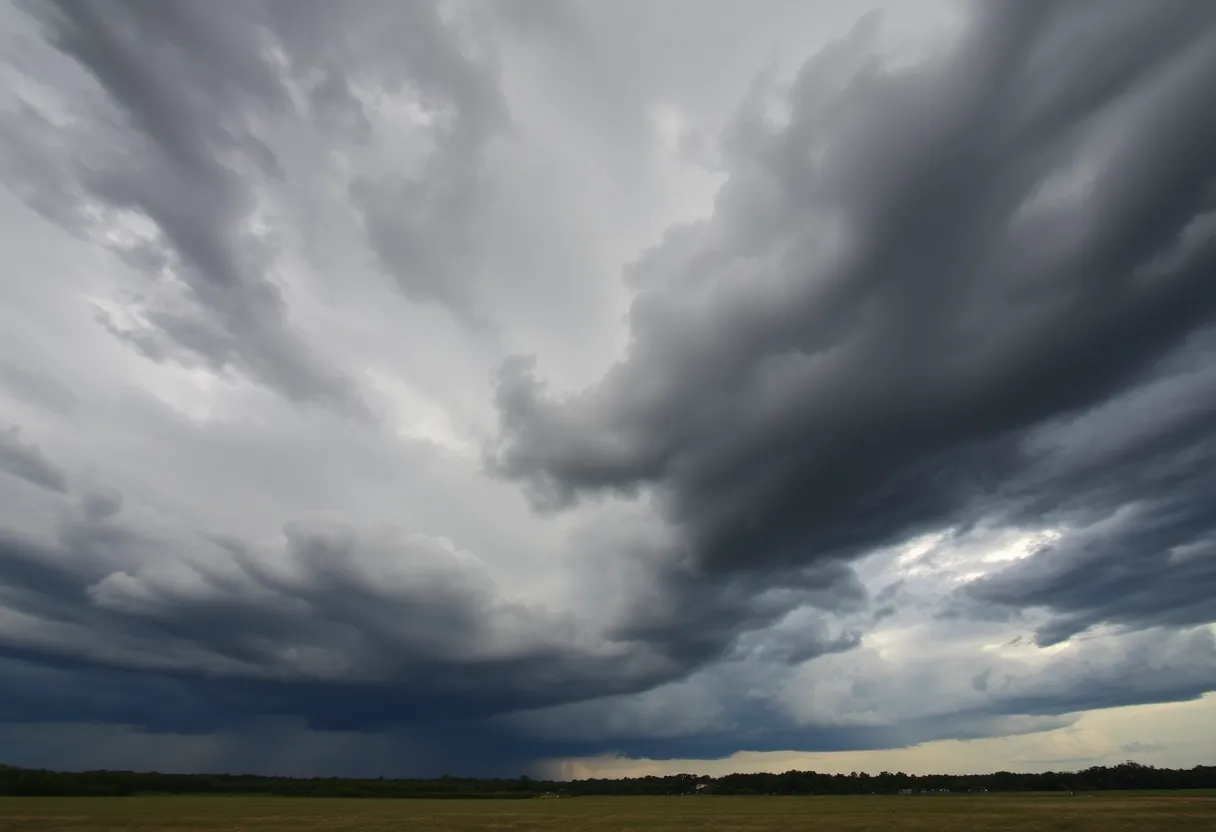 Dramatic dark storm clouds over a South Carolina landscape signaling an approaching severe thunderstorm.