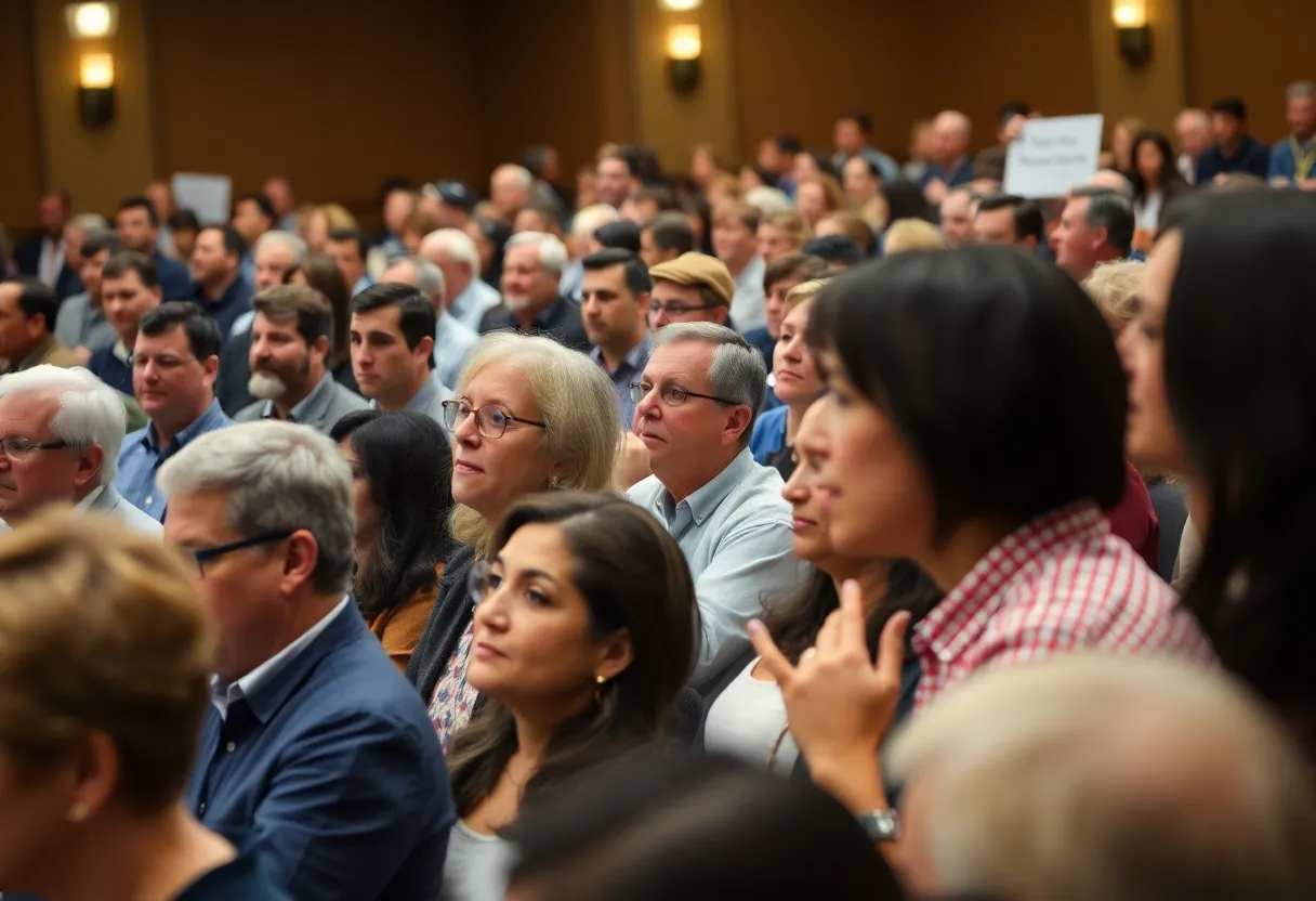 A bustling town hall meeting where constituents discuss Medicaid cuts.