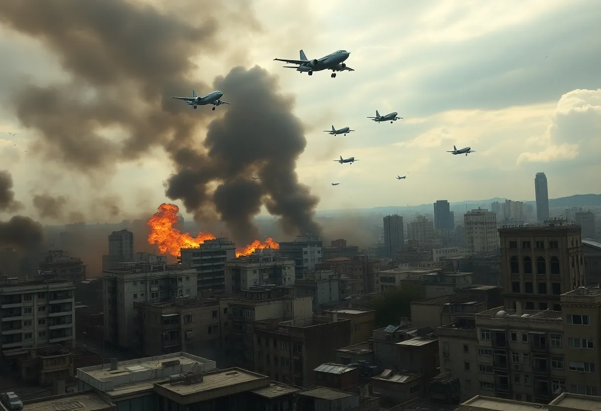 Smoke and destruction in a Ukrainian city due to aerial attacks