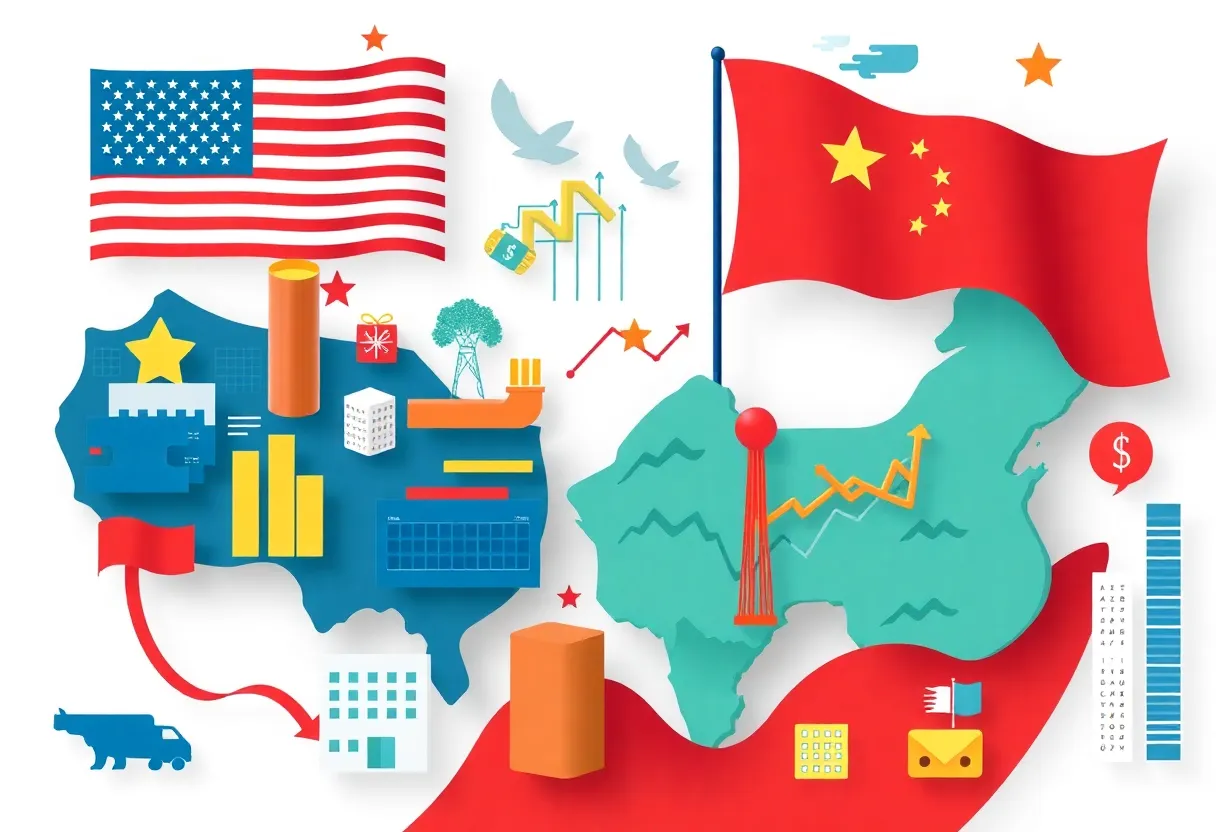 Symbolic representation of U.S.-China trade relations with graphics signifying economic growth and trade dynamics.
