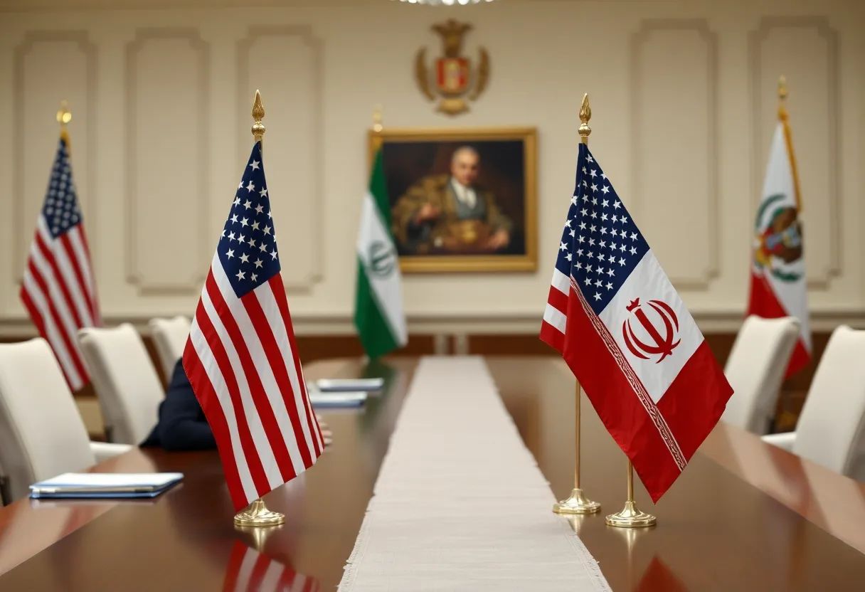 Meeting room with US and Iran flags symbolizing nuclear talks