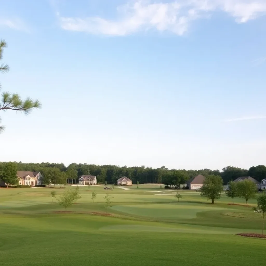 Overview of affordable golf homes in Chapin, SC with golf course in background.