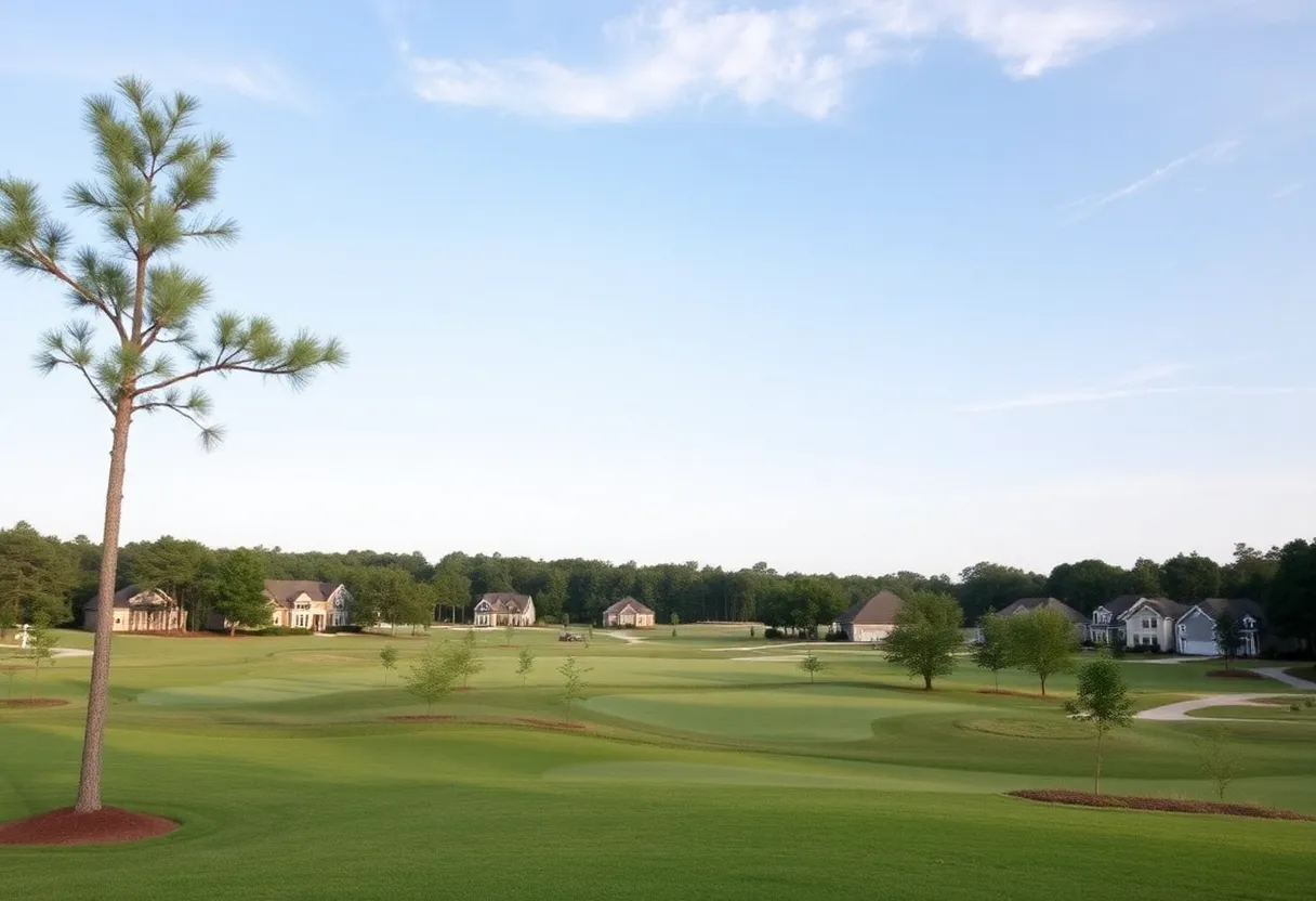 Overview of affordable golf homes in Chapin, SC with golf course in background.