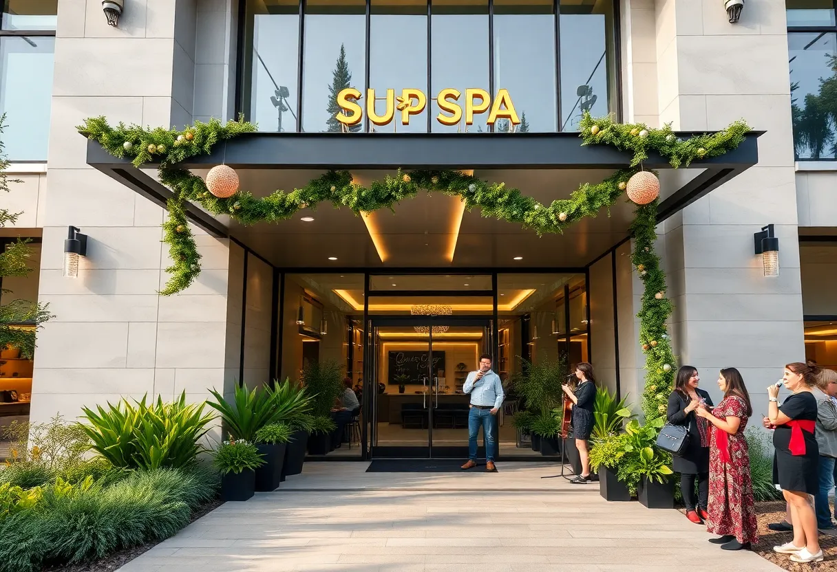 Exterior view of Aquarius Spa & Salon during the grand opening celebration
