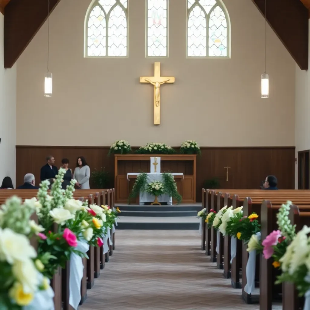 Chapin community church with flowers honoring a beloved leader.