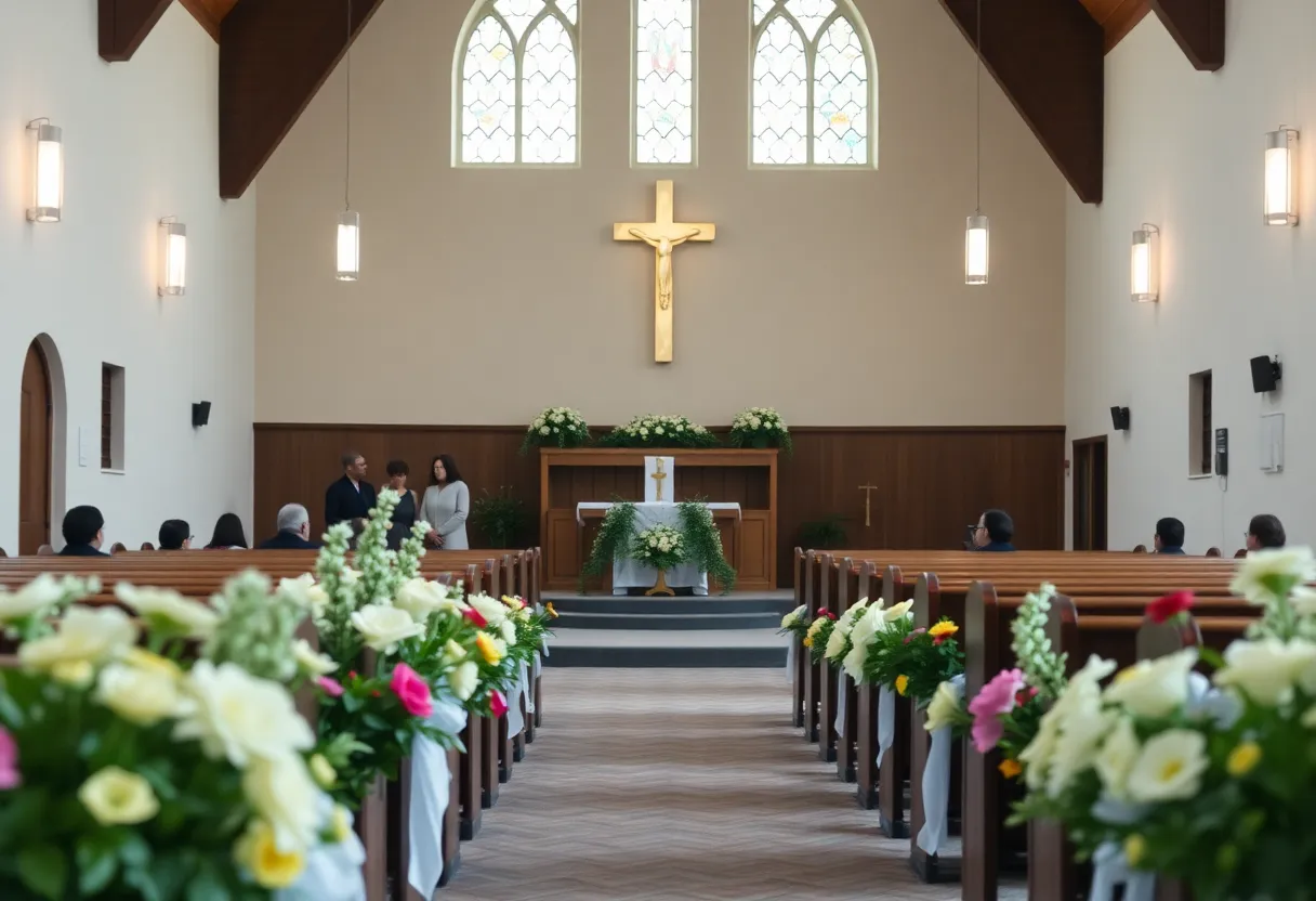 Chapin community church with flowers honoring a beloved leader.