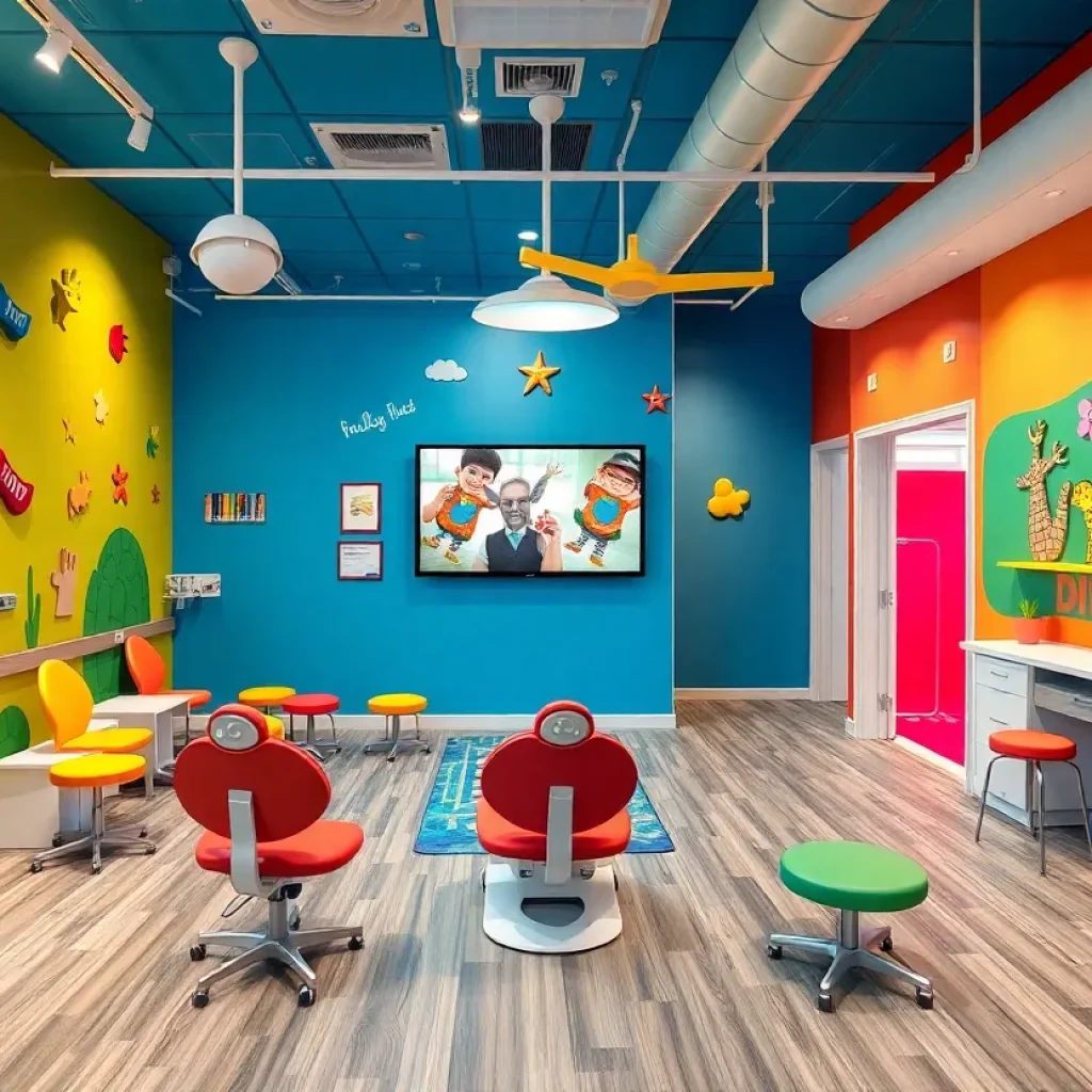 A vibrant pediatric dental office designed for children with colorful decor and engaging amenities.