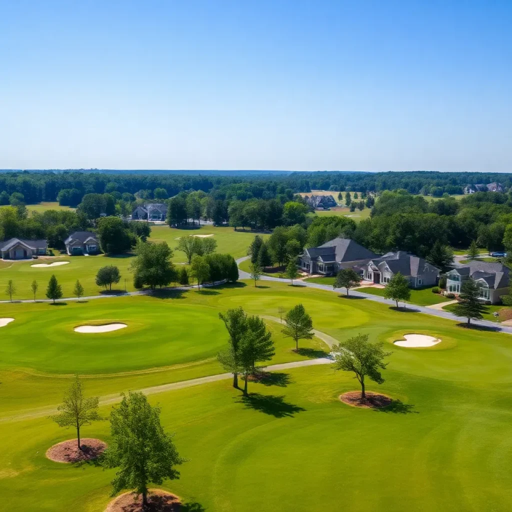 A picturesque view of a golf community in Chapin, SC with well-kept homes and golf courses.
