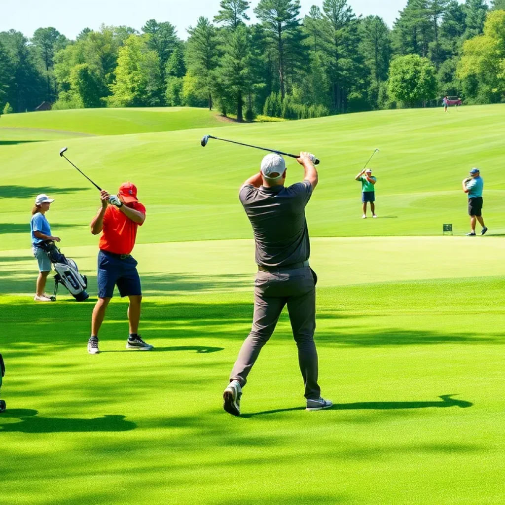 Golfers receiving lessons from instructors on a picturesque golf course in Chapin, SC.