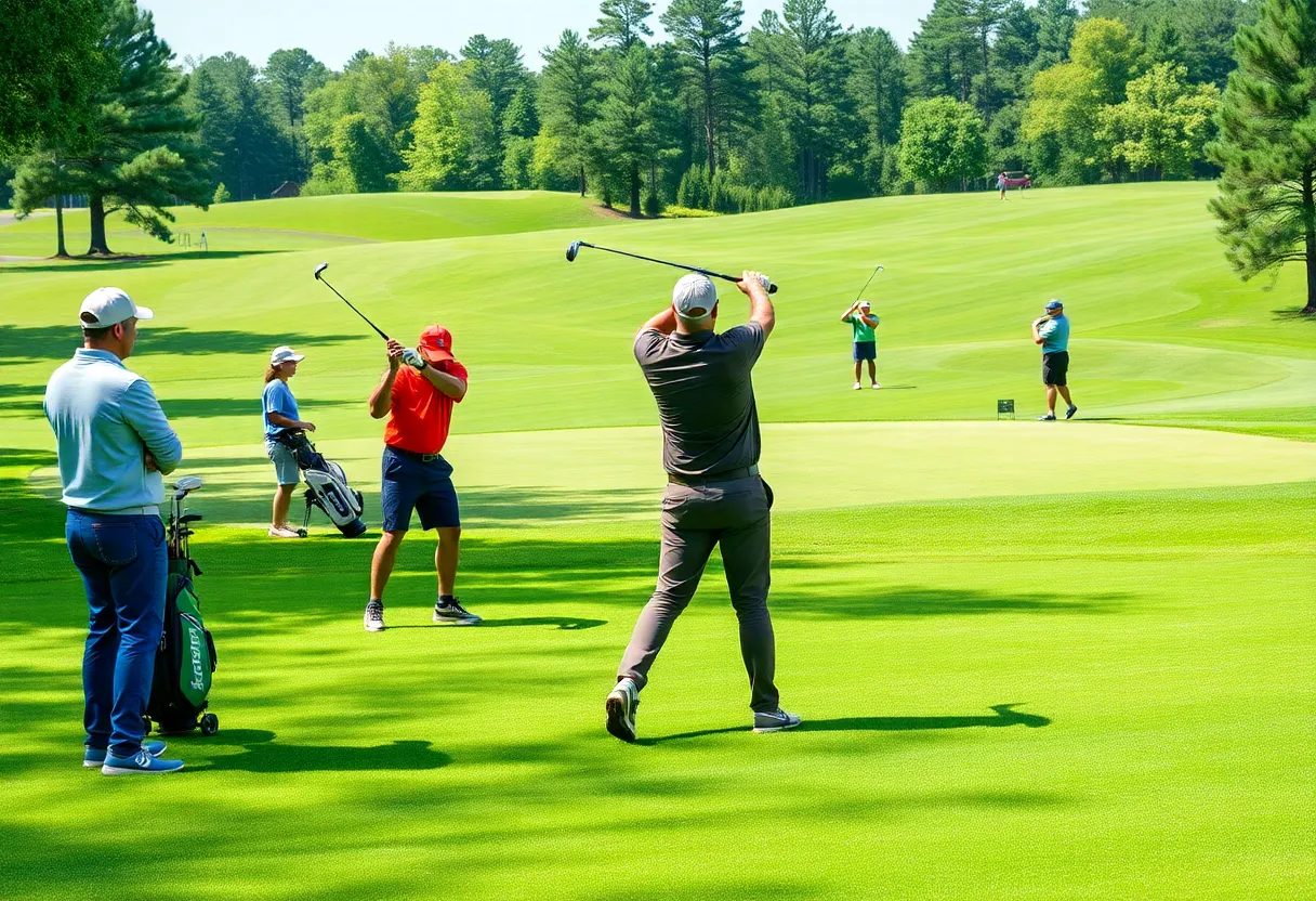 Golfers receiving lessons from instructors on a picturesque golf course in Chapin, SC.