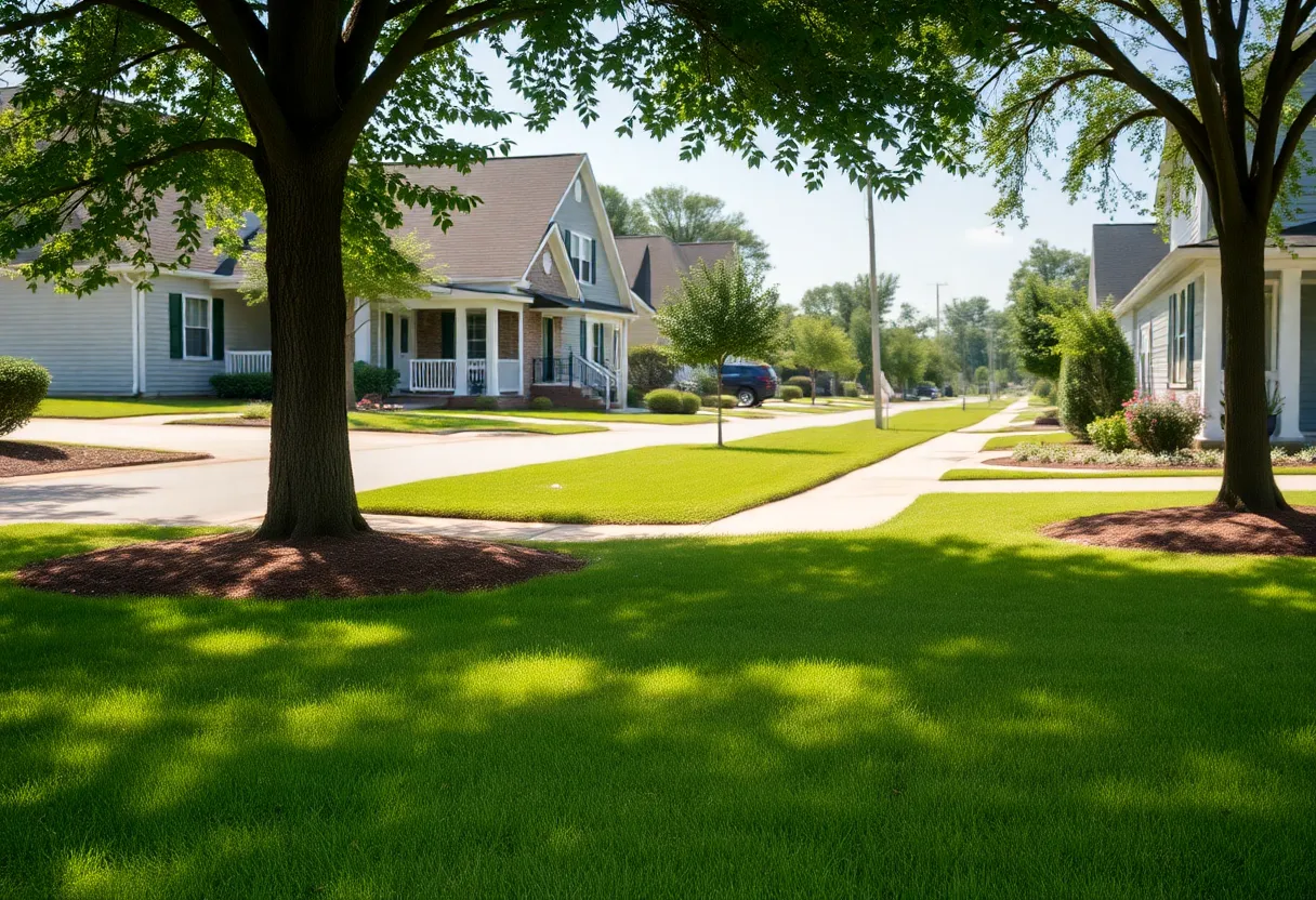 Residential area in Chapin SC with dry lawns due to water restrictions.