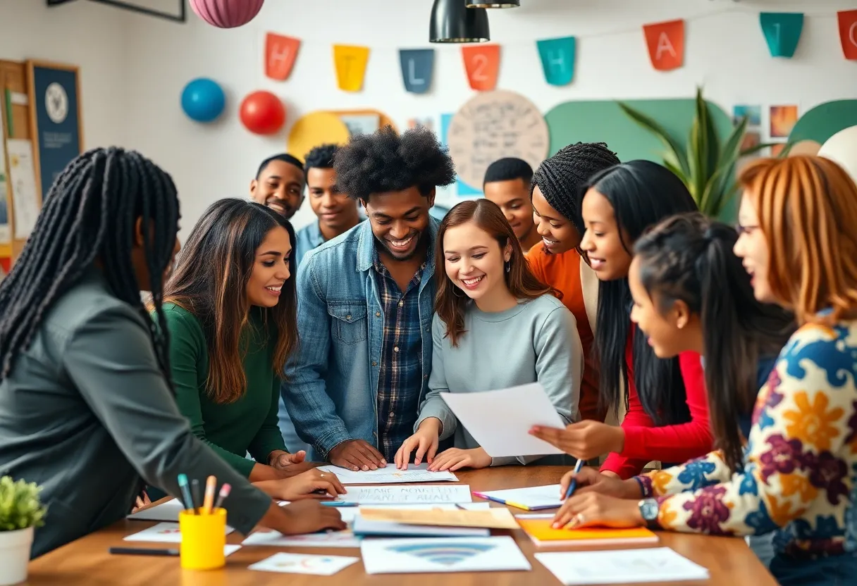 People collaborating in a community-driven marketing campaign