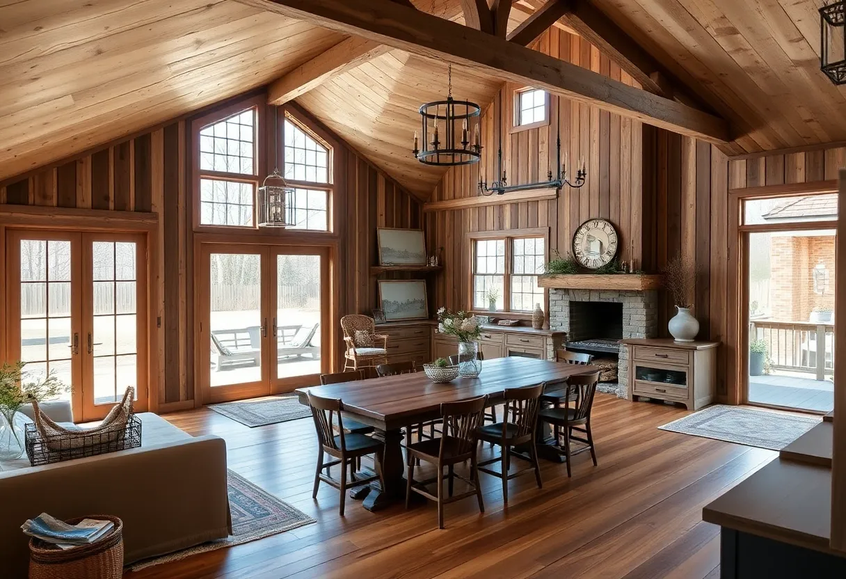 Interior view of a farmhouse featuring thoughtful design elements like reclaimed wood and natural light.