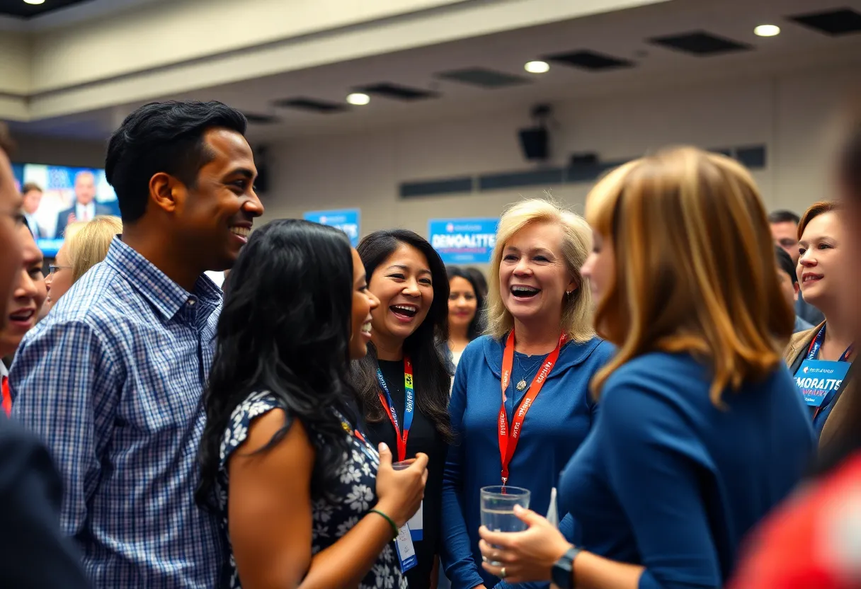 A lively gathering of Democratic Party members at a convention, discussing strategies and connecting with voters.
