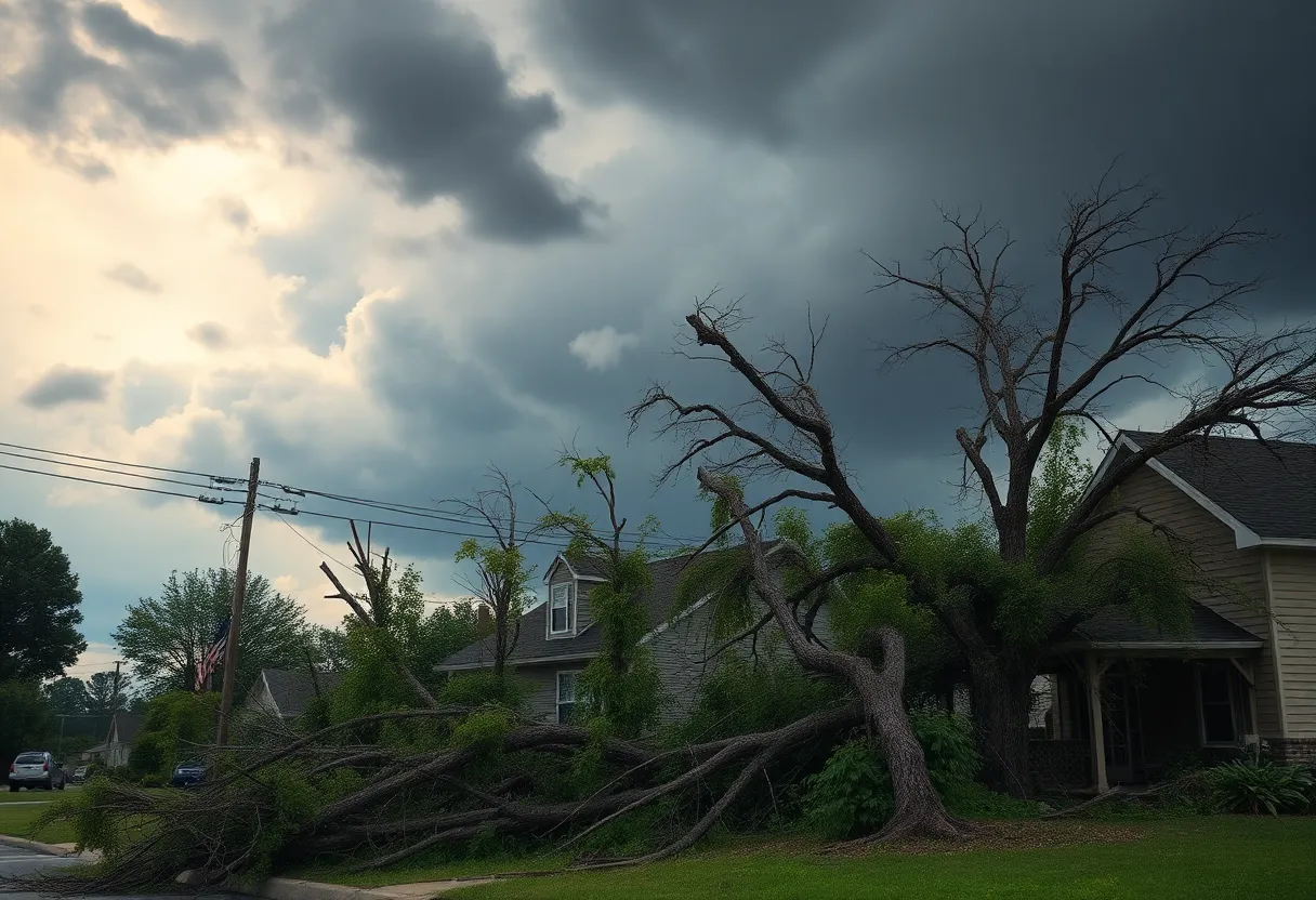 Scene of destruction with uprooted trees and damaged structures after a powerful storm.