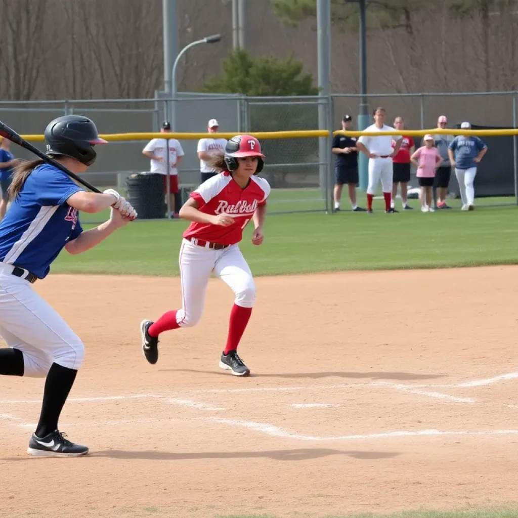 Softball players in action during a high school playoff game.