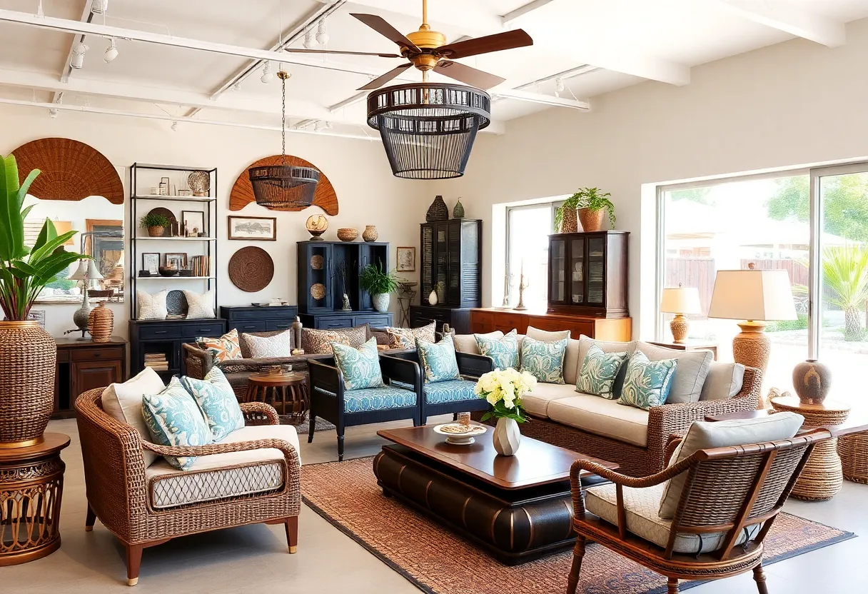 Showroom display of home décor furniture at Lux Home in Columbia, SC.