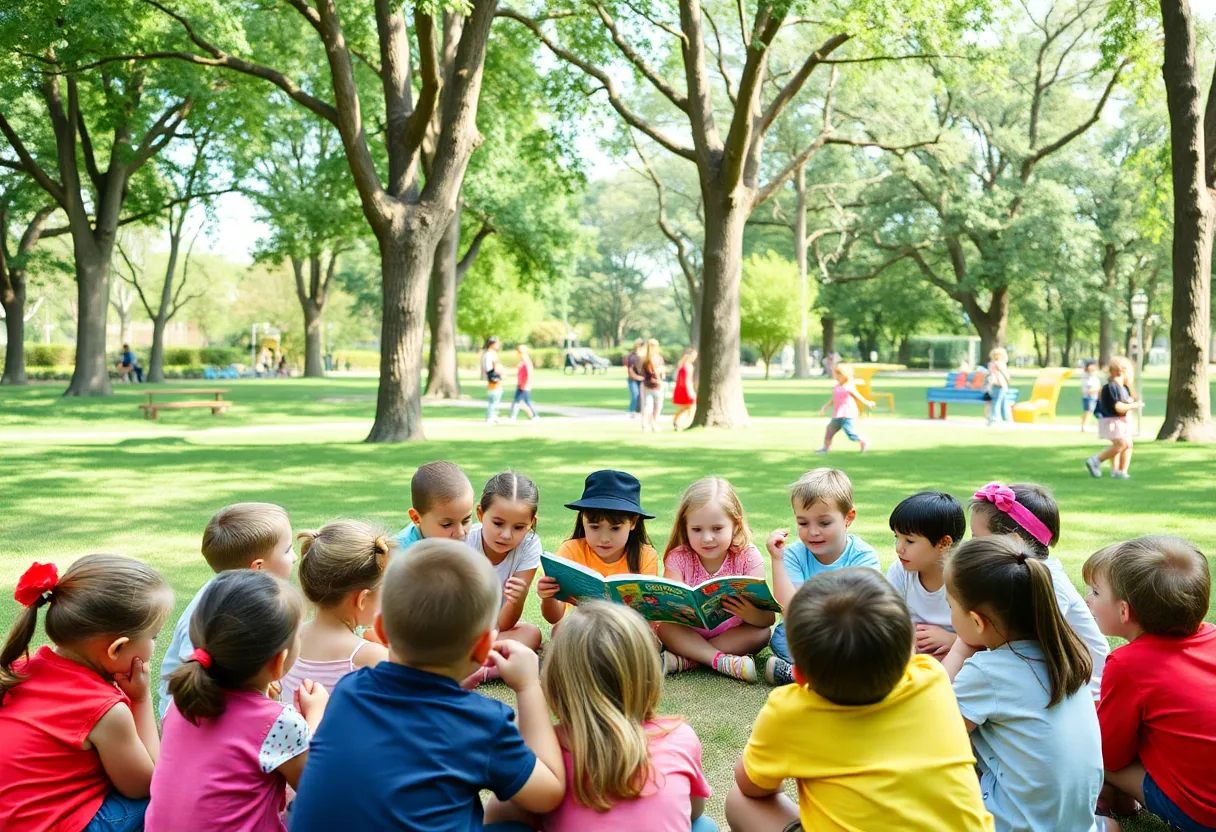 Children enjoying story time at a local park during the summer reading initiative.