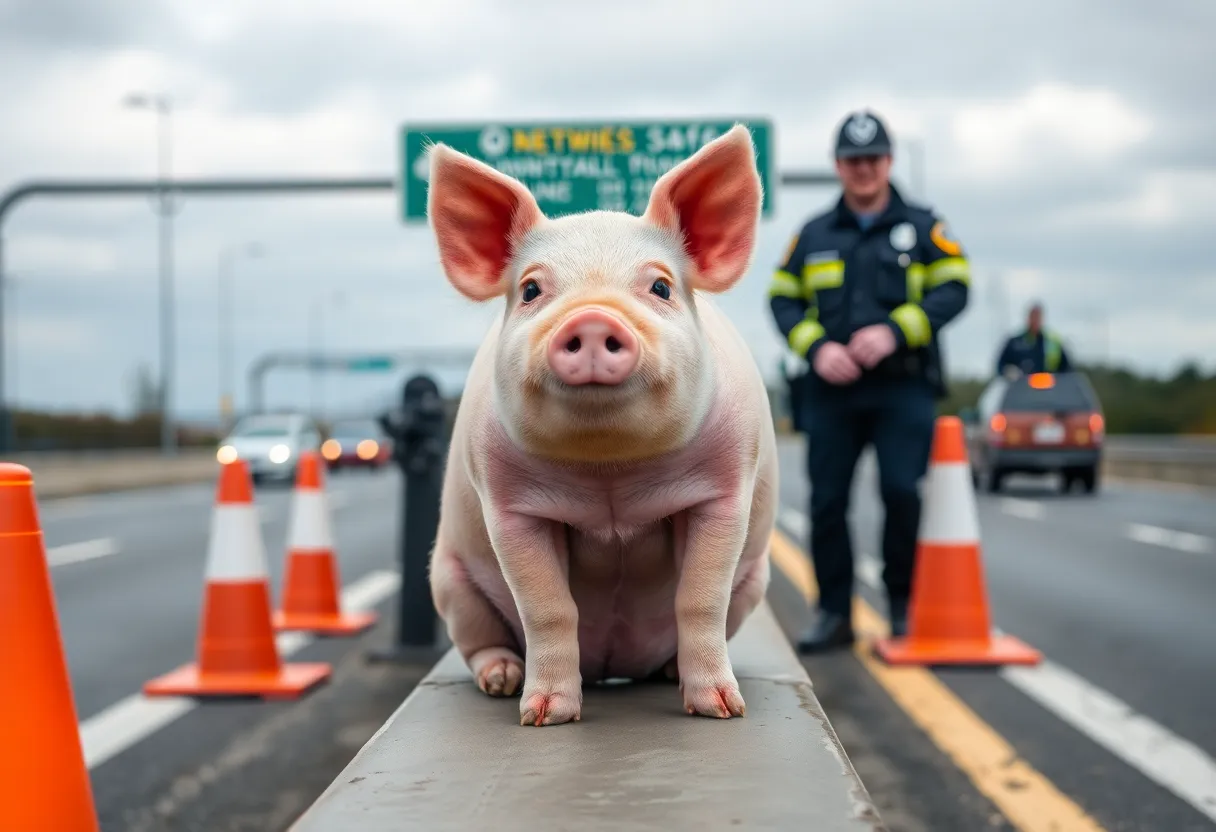 Troopers rescuing a pig from the highway median on Interstate 26