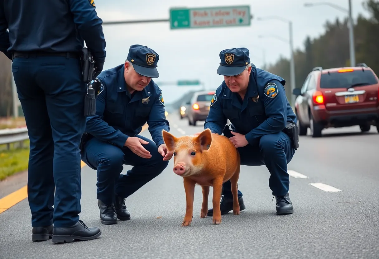 Two South Carolina troopers rescuing a brown pig on the highway