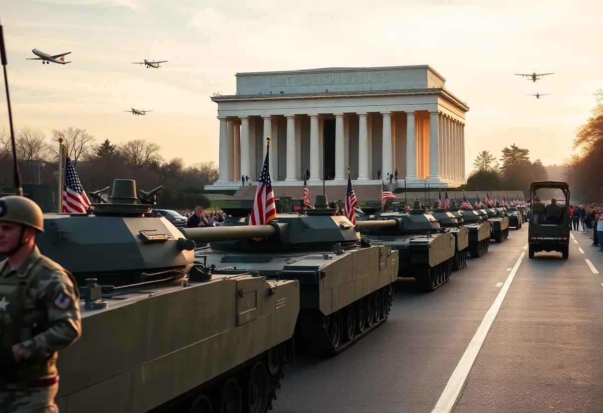 Grand military parade with soldiers and tanks in Washington D.C.