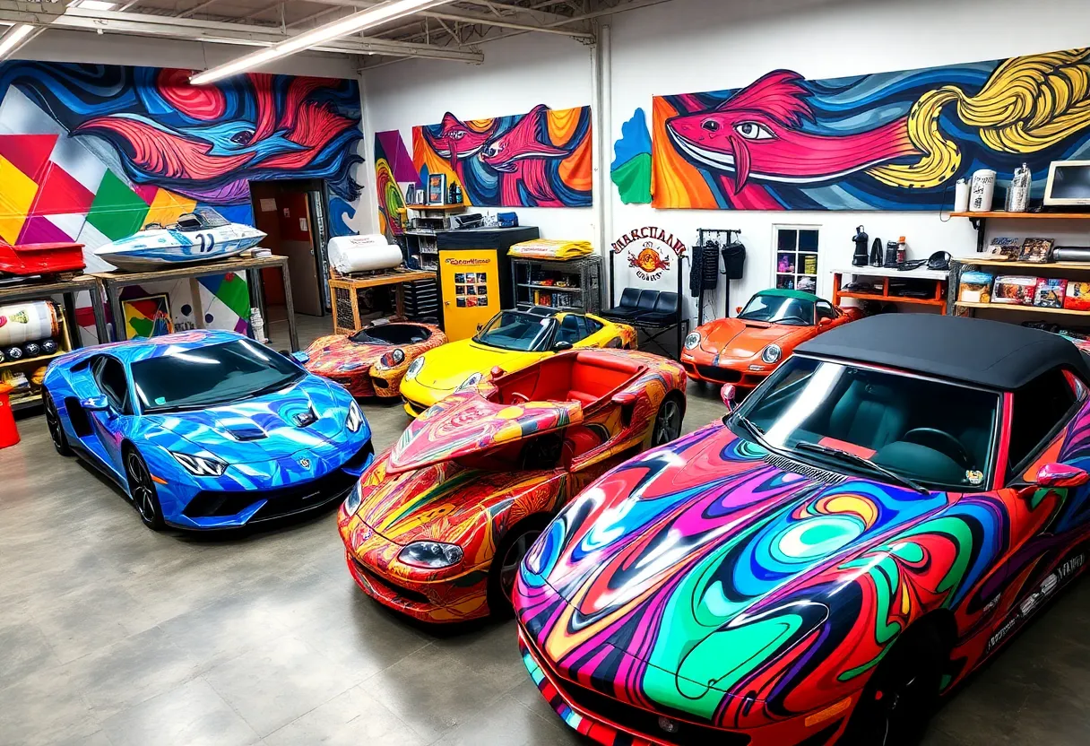 Interior of Wrapabull, a vinyl wrap shop with colorful design samples.