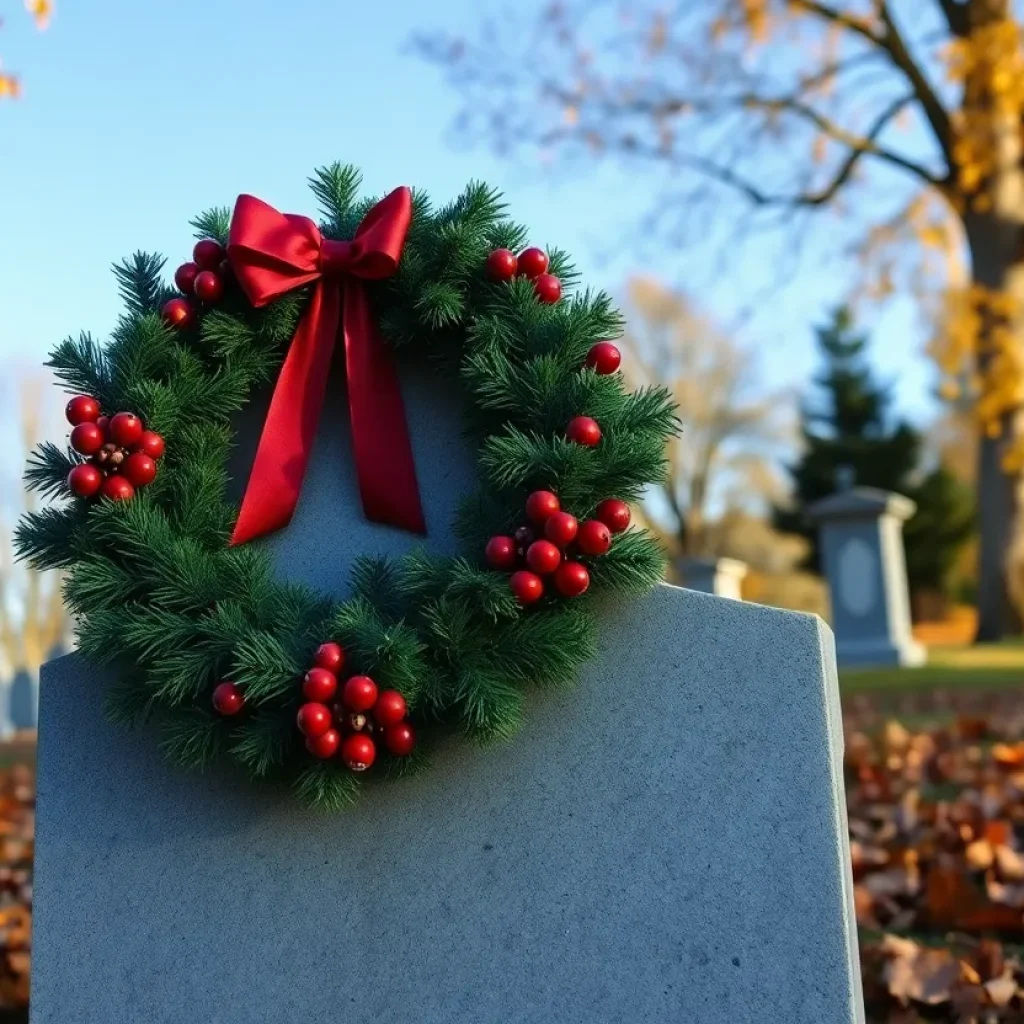 A Christmas wreath placed on a veteran's gravestone in a cemetery.