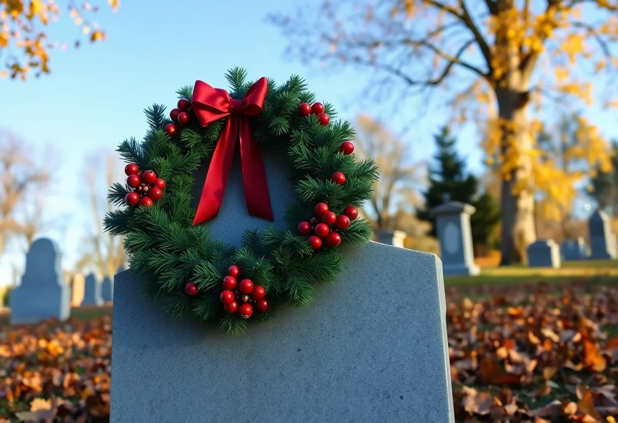 A Christmas wreath placed on a veteran's gravestone in a cemetery.