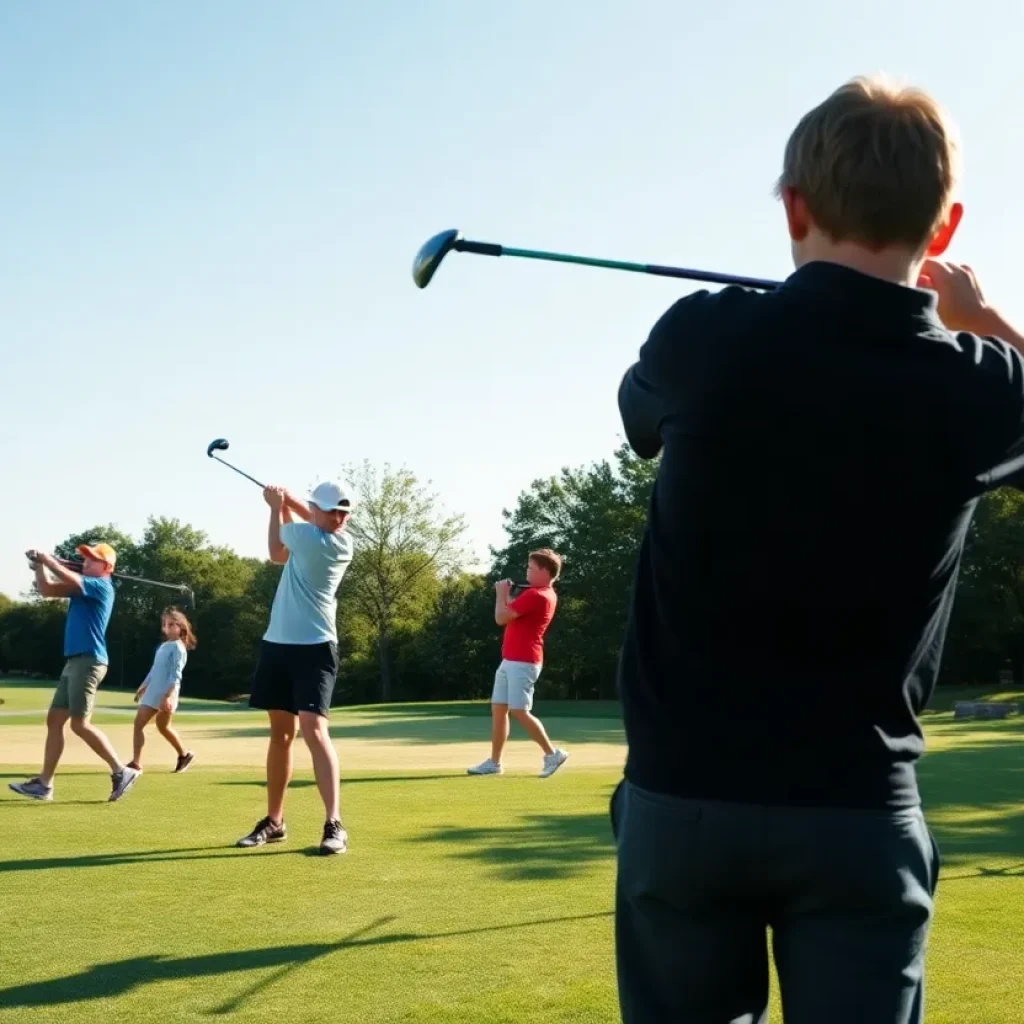 Young golfers practicing swings on a beautiful day