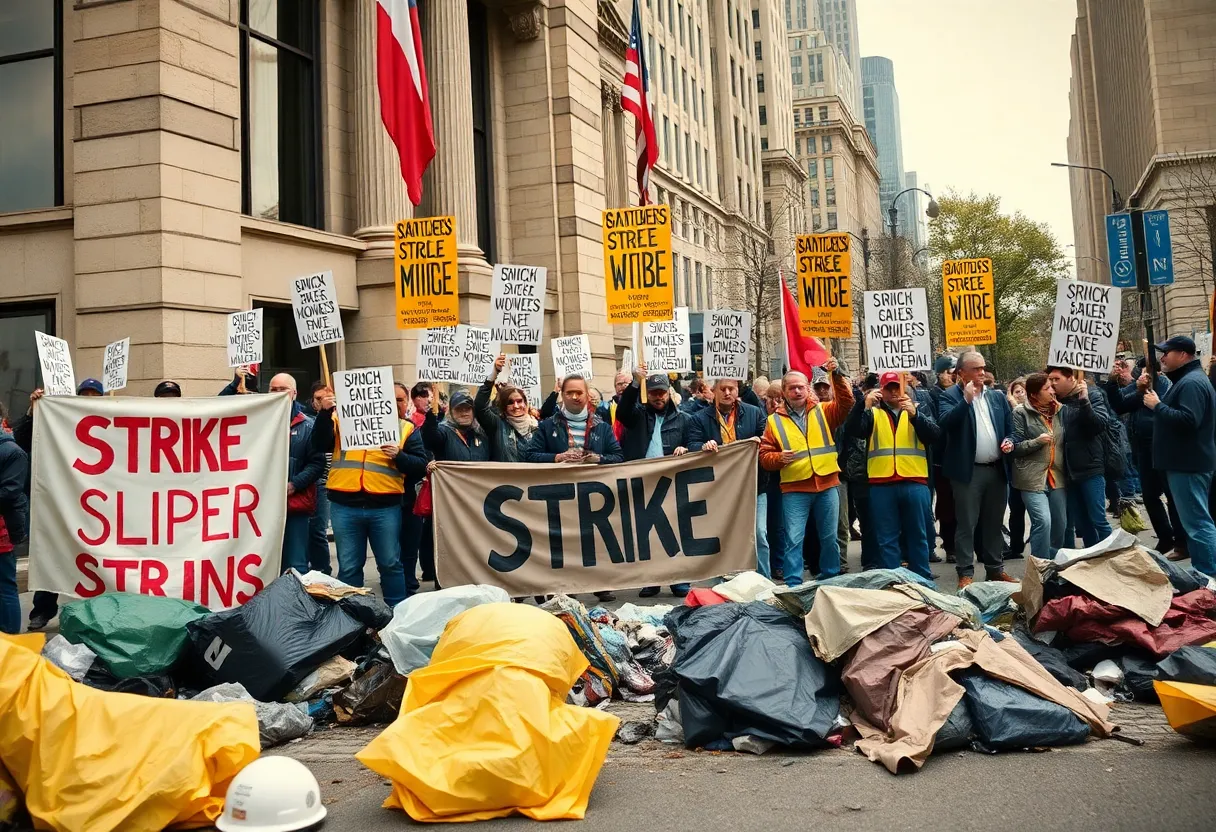 Union workers on strike in Philadelphia, holding signs with a backdrop of trash.