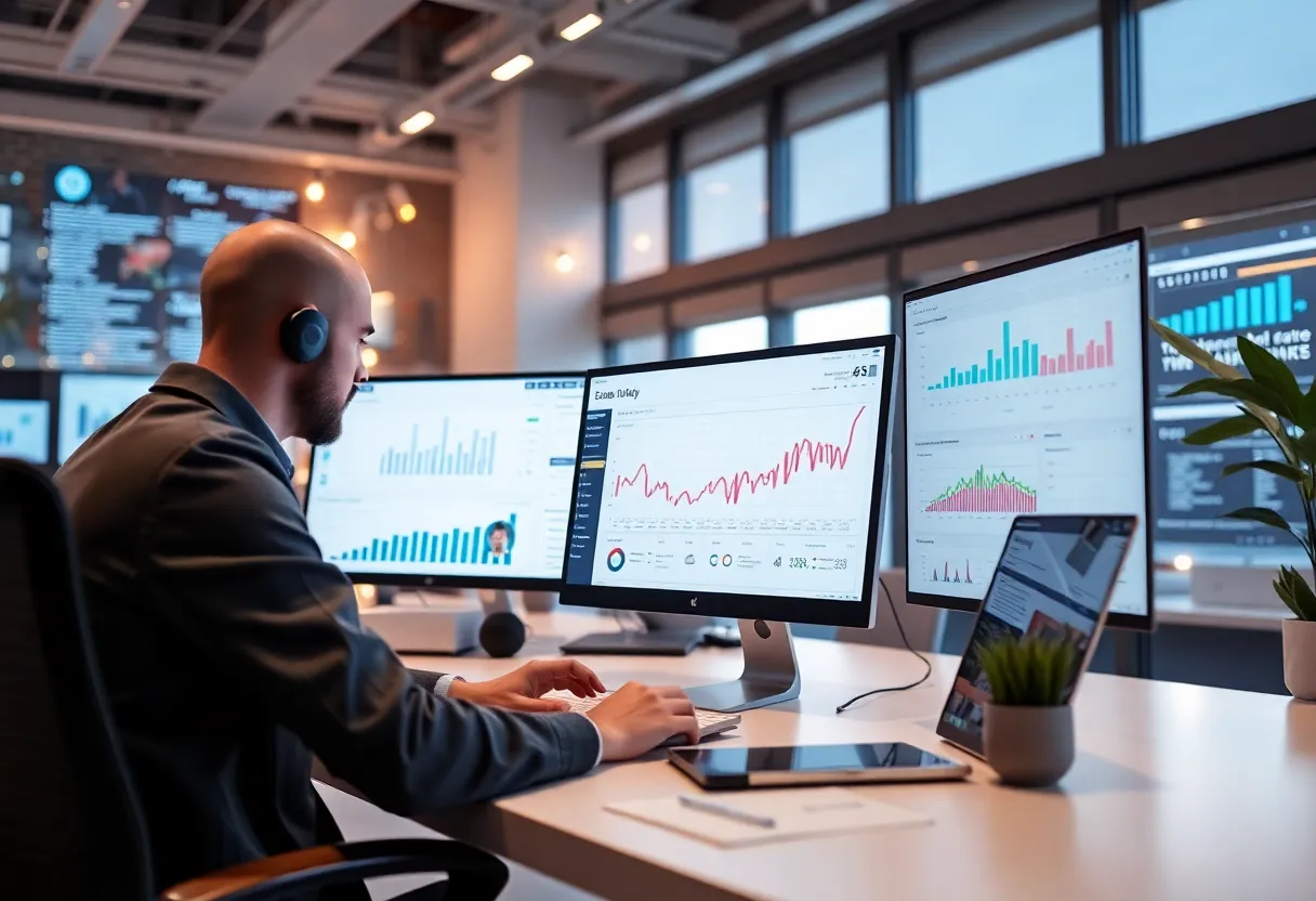 A marketing workspace featuring AI tools and data analytics