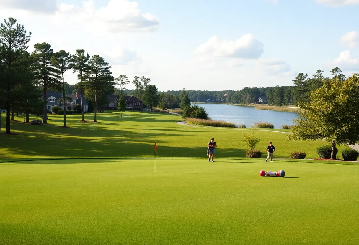 Scenic view of a golf community in Chapin SC with families enjoying recreational activities.