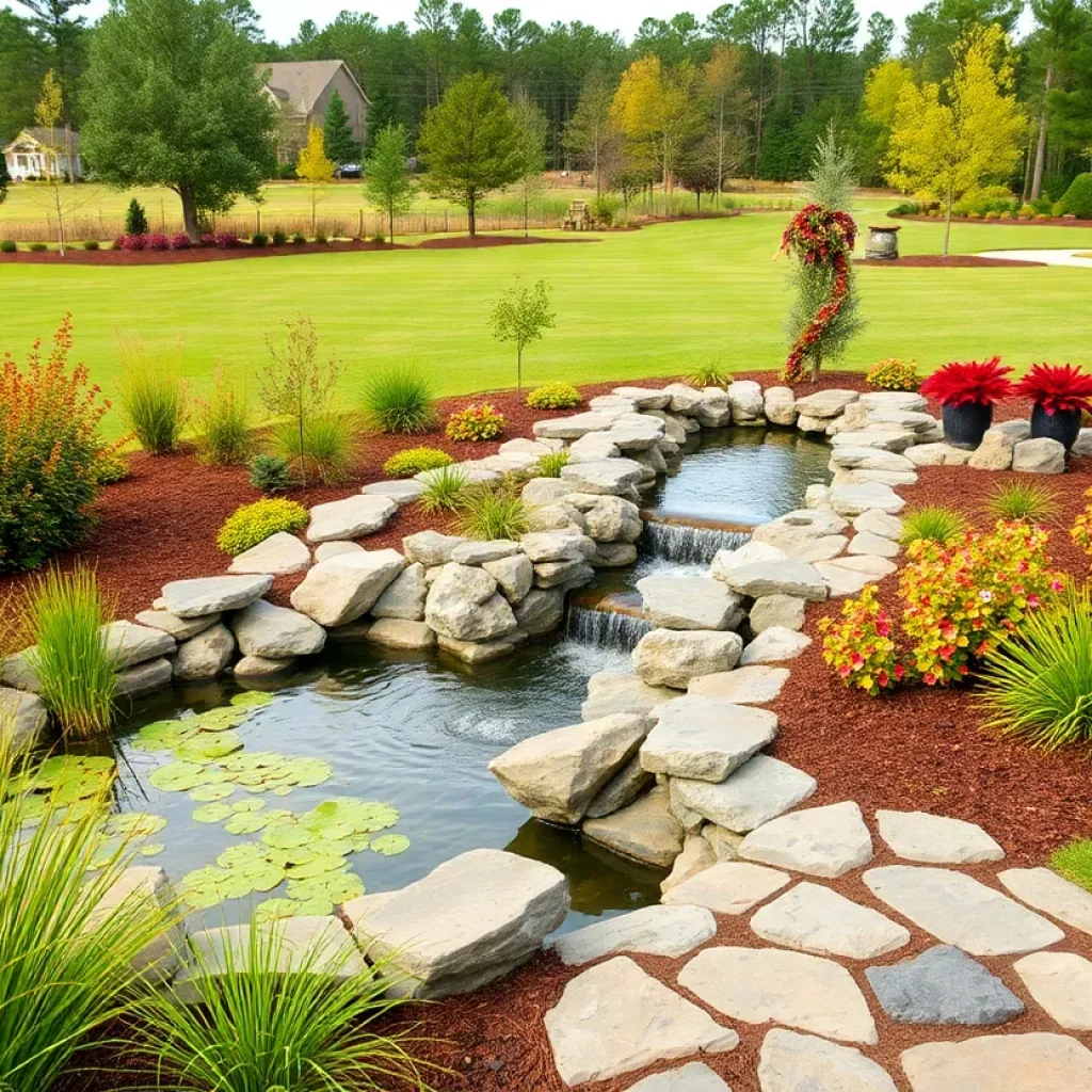 Stunning landscaping in Chapin SC golf community with vibrant plants and water features.