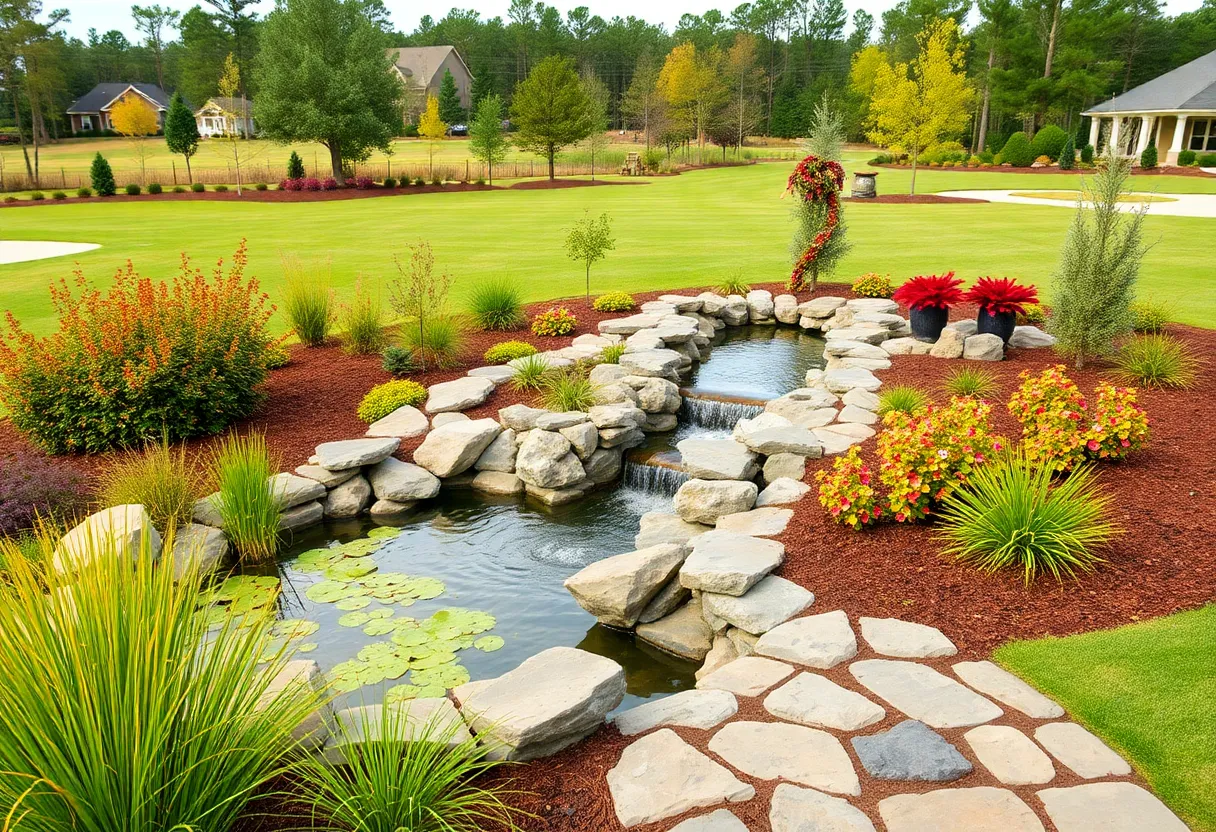 Stunning landscaping in Chapin SC golf community with vibrant plants and water features.