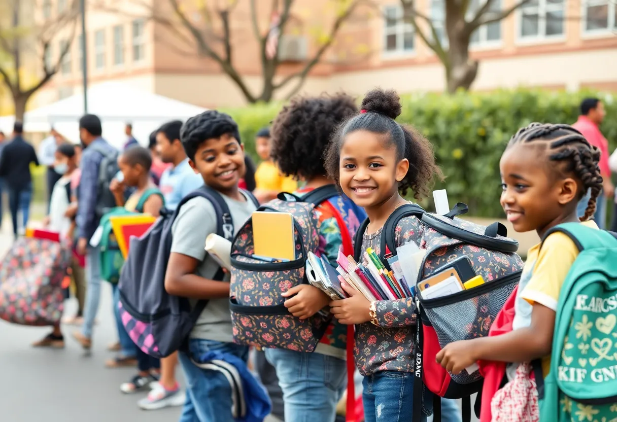 Families receiving backpacks at the Columbia Annual Backpack Giveaway