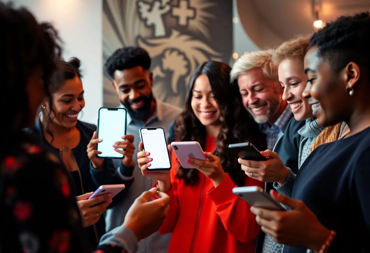 A diverse group of individuals interacting with a brand online