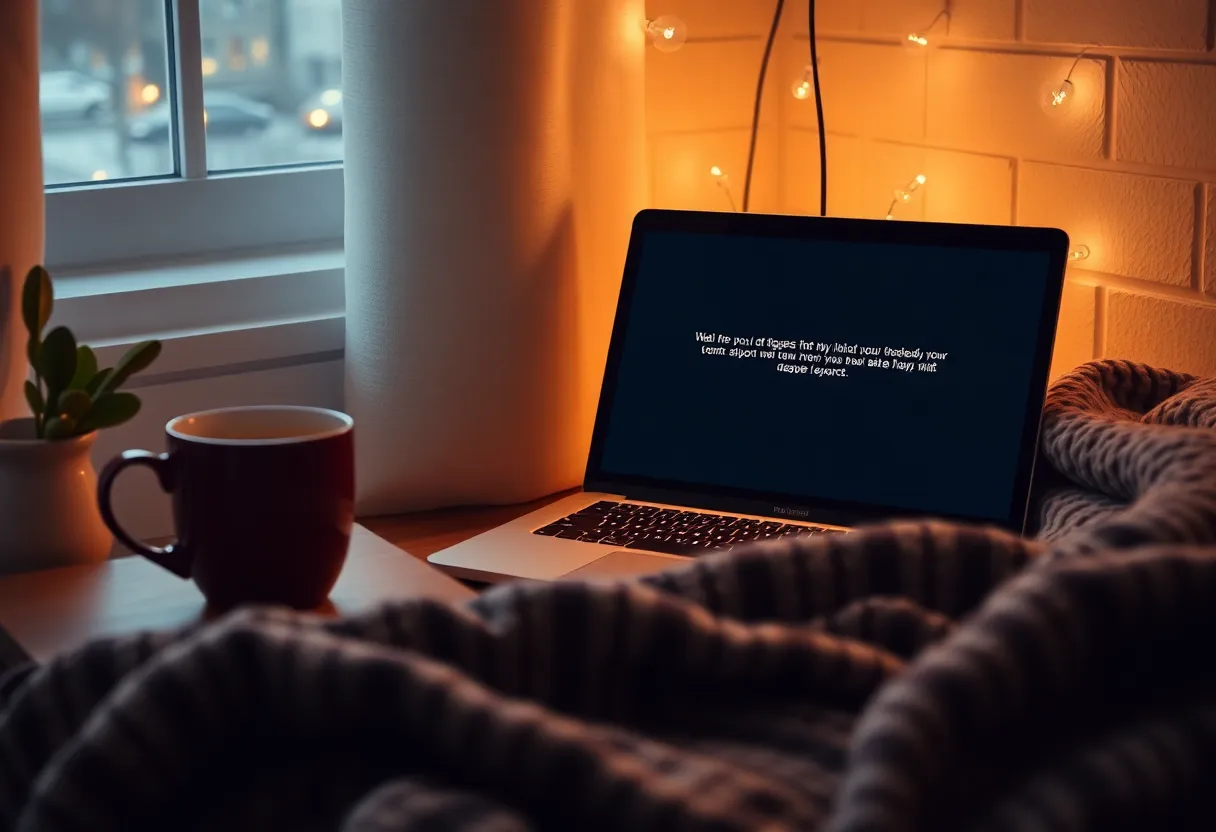 A laptop showing a page not found error in a cozy reading environment