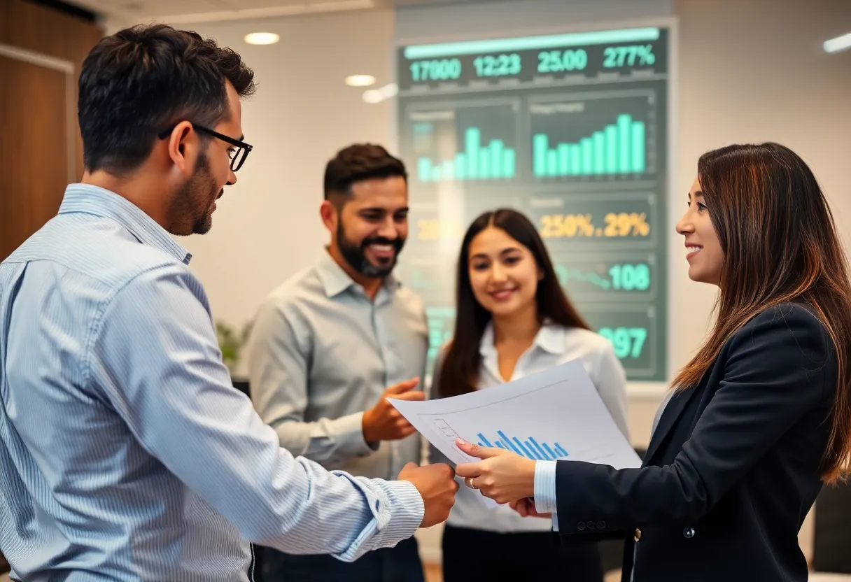 Business team discussing customer feedback to improve digital marketing.