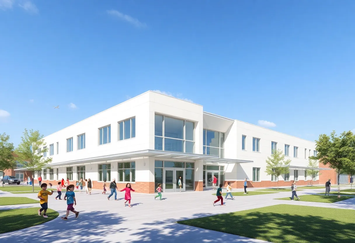 Illustration of the new Dutch Fork Elementary School with children playing in the foreground.