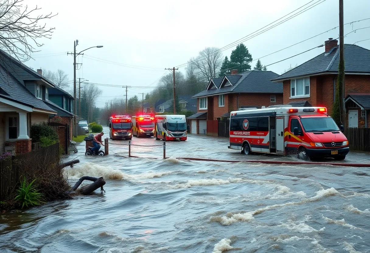 Image depicting the impact of flash flooding in a city with emergency services and damaged properties.