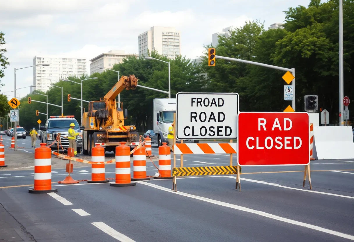 Repair crews working on a broken natural gas line in an urban area
