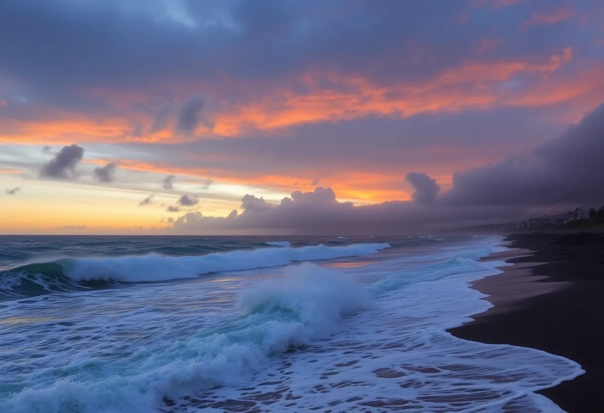 Turbulent waves on the Hawaiian coastline during a tsunami warning