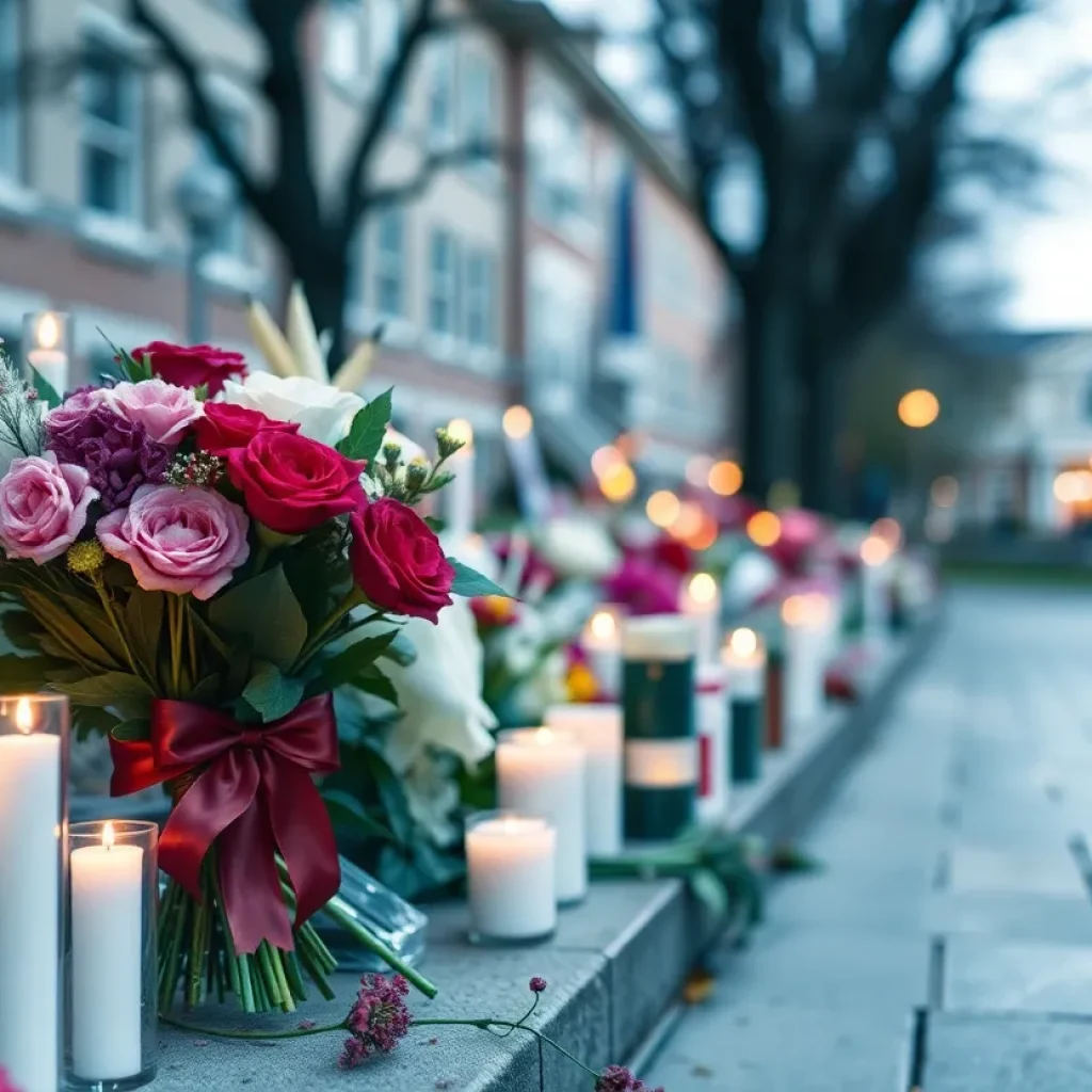 Vibrant memorial with flowers and candles in remembrance of the University of Idaho murder victims.