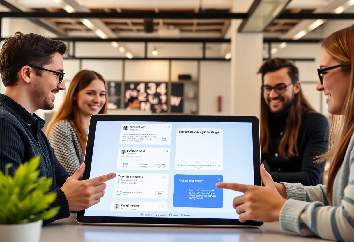 A diverse group of people engaging with interactive digital content on screens