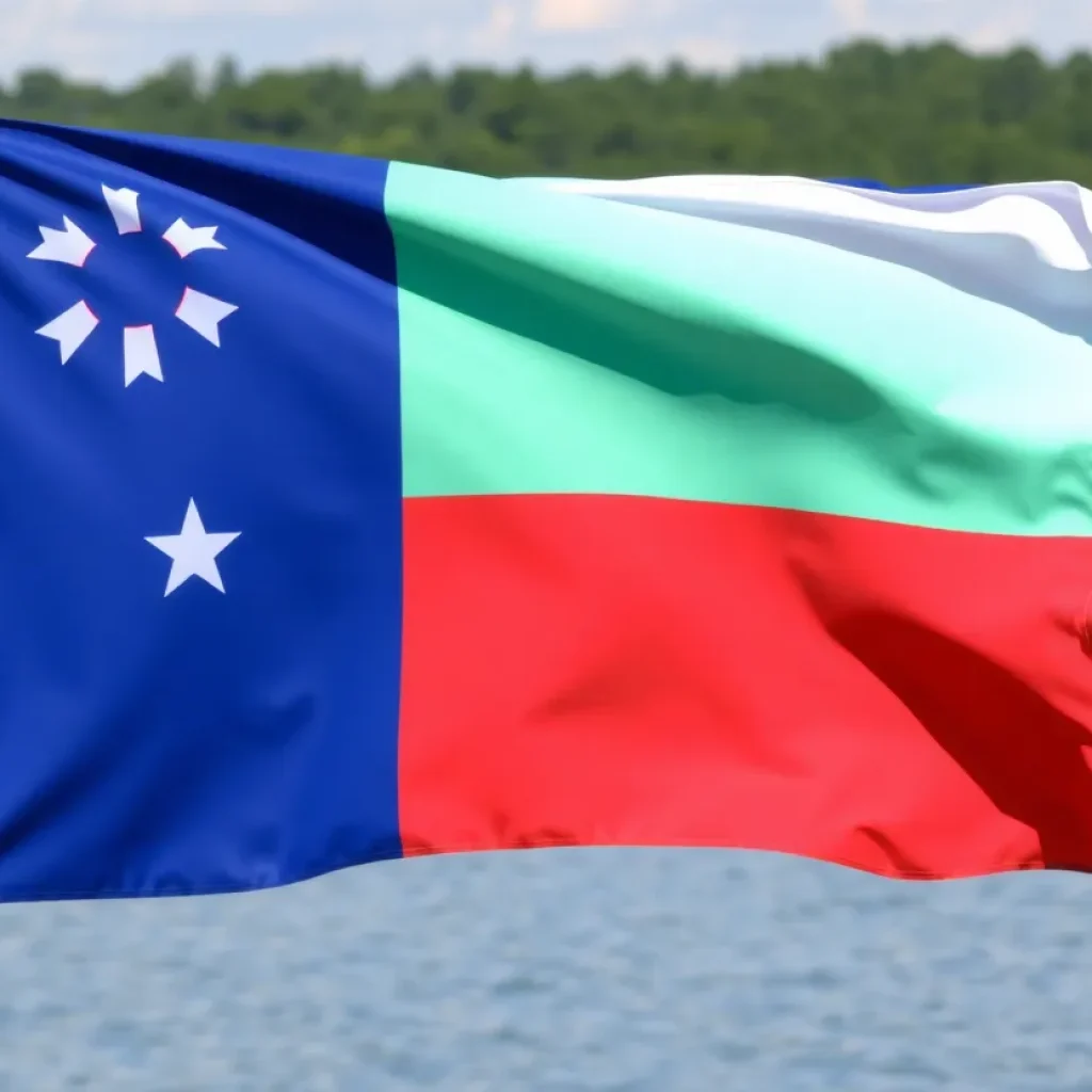 Flag representing Lake Murray communities with blue, white, red, and green elements