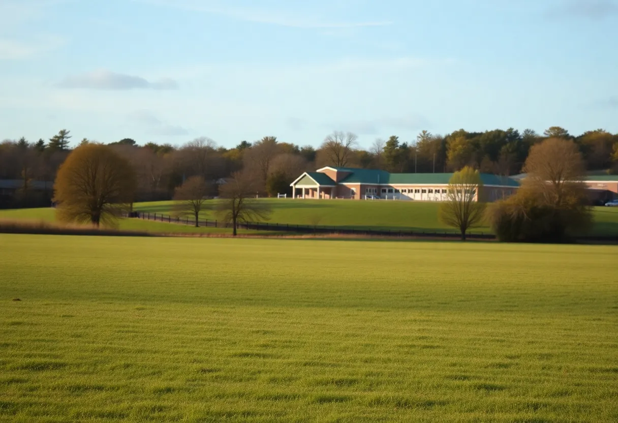 A representation of education and sports in a peaceful landscape.