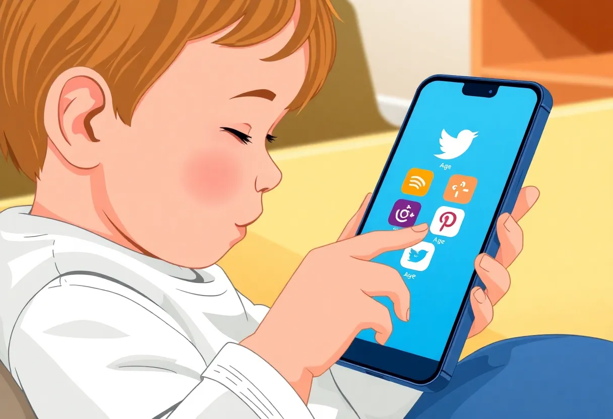 Child using a smartphone with social media icons