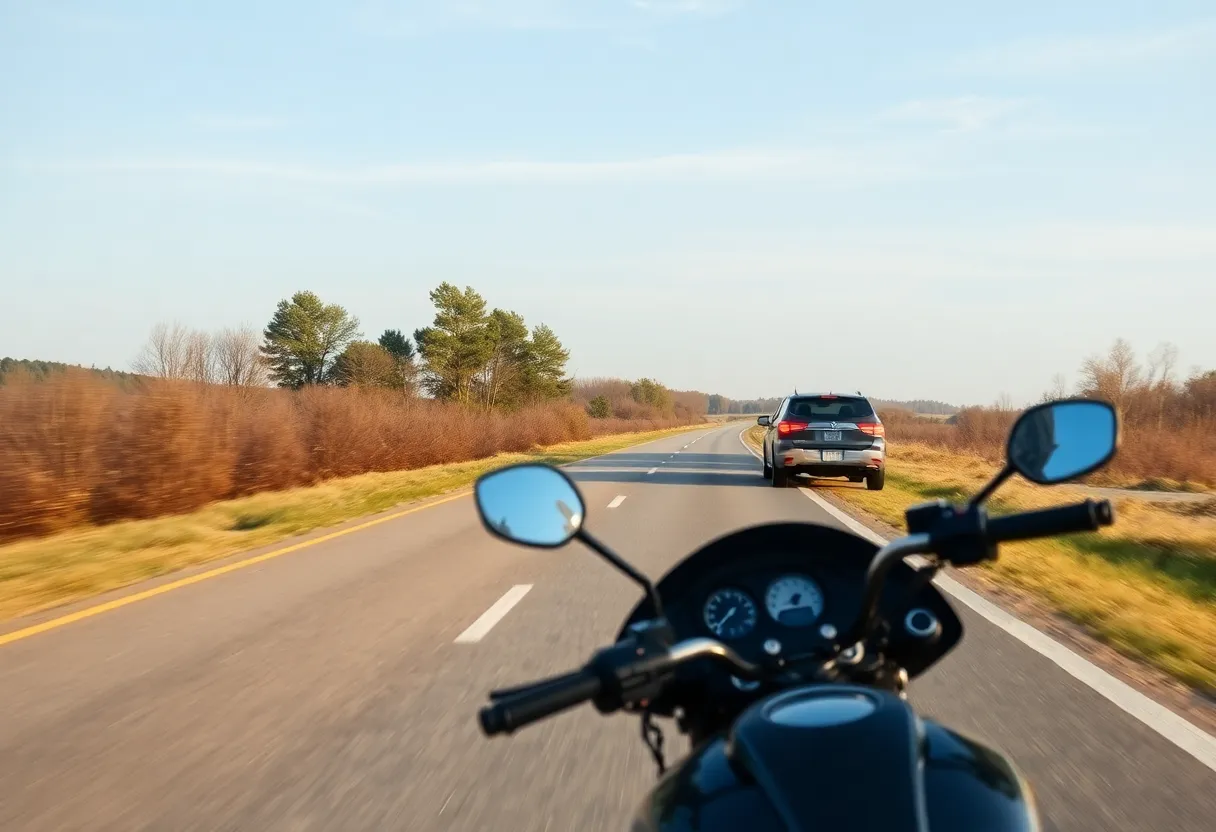A motorcycle and pickup truck on a highway, capturing the essence of road safety.